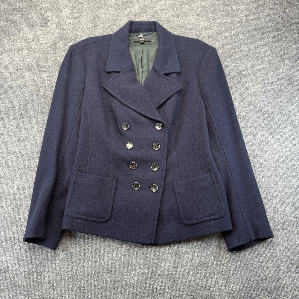 Hugo Boss Blazer Jacket Womens 10 Navy Virgin Wool Double-Breasted Minimalist